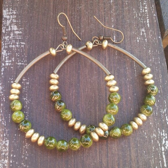 Vintage Retro Beads Big Hoop Earrings Bronze Green Gold - Picture 1 of 1